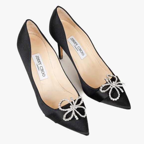 Jimmy Choo Veil 85 Black Satin Crystal-Bow Pumps, Size 7.5